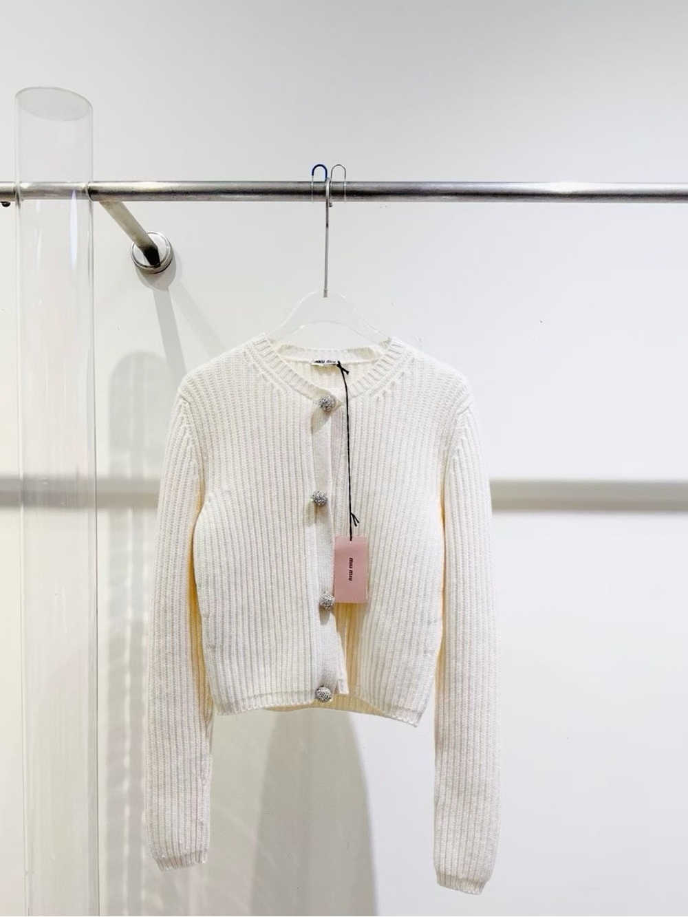 🚩steal Miu Miu Cream Ribbed Button-Up Cardigan